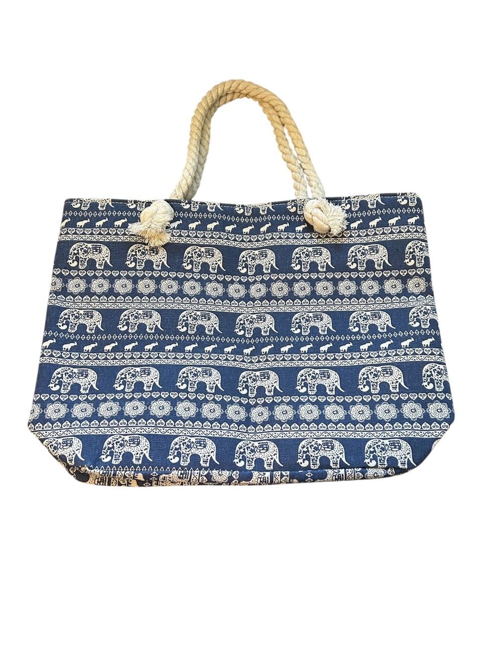 New Navy & Cream Elephant Print Rope-Handle Tote Bag - Picture 2 of 6